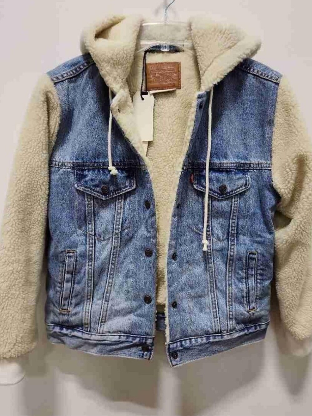 Levi's Blue Denim Sherpa-Lined Bomber Jacket with Cream Sherpa